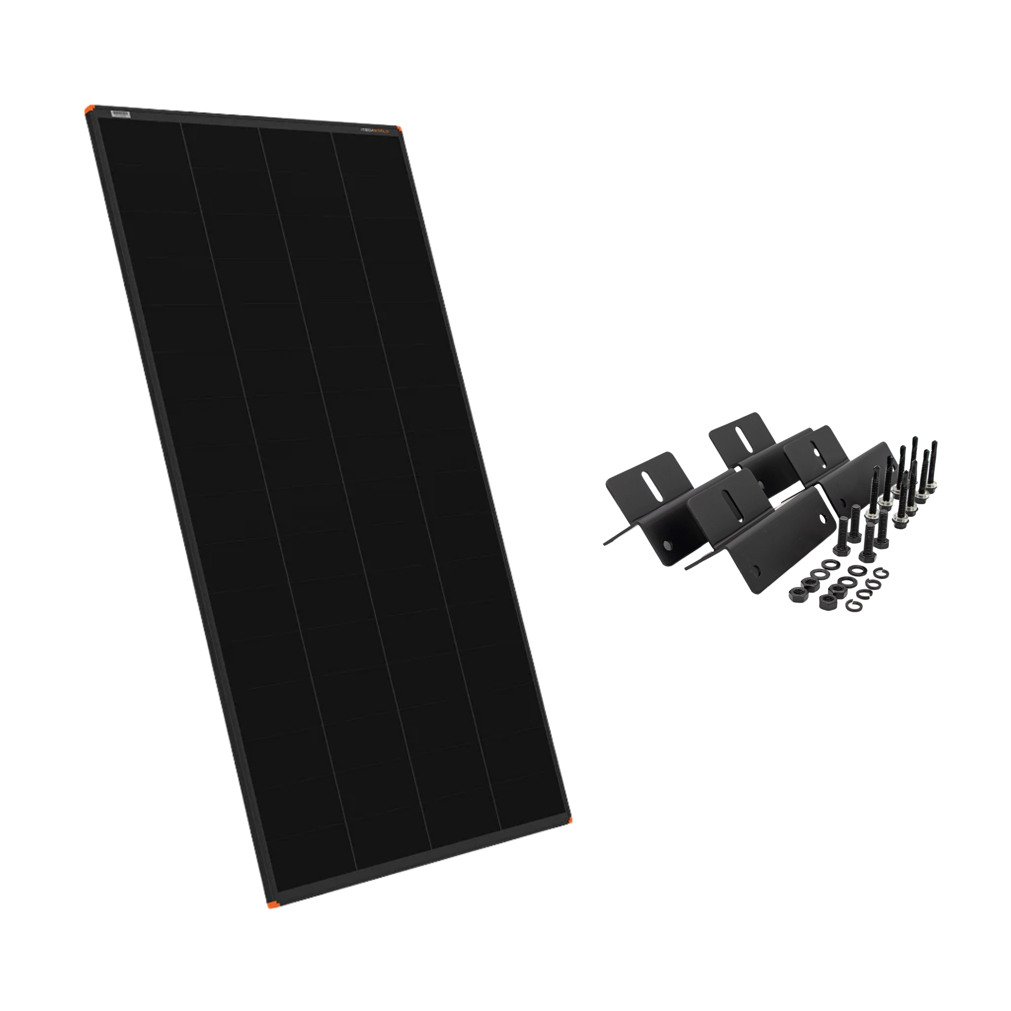 The iTechworld 250W Hard Frame Solar Panel Bundle with black mounting brackets, bolts, washers, and screws is displayed on a white background; the solar panel is on the left and the accessories for lithium battery charging are on the right.