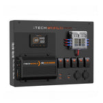 The iTechworld 200Ah Control Hub Kit features a digital display, six labeled switches with orange lights, transparent fuse box, power sockets, and a 40A DC-DC charger, plus 2 x iTECH100Ah lithium batteries.