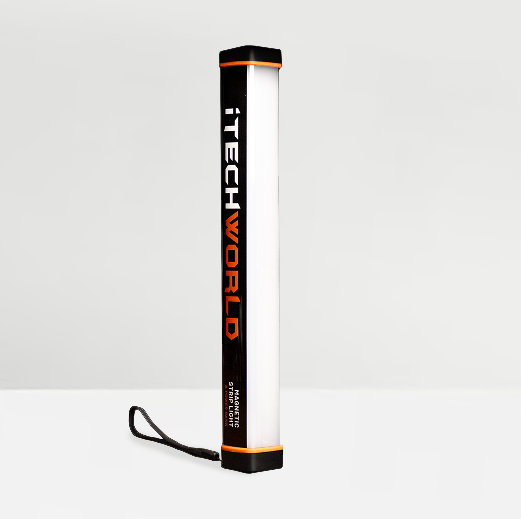 The iTechworld Magnetic LED Strip Light | 300LM is a rectangular, portable camping light with a black strap, "iTechworld" in bold black, white, and orange on its side. It stands upright on a white surface and can double as a power bank.