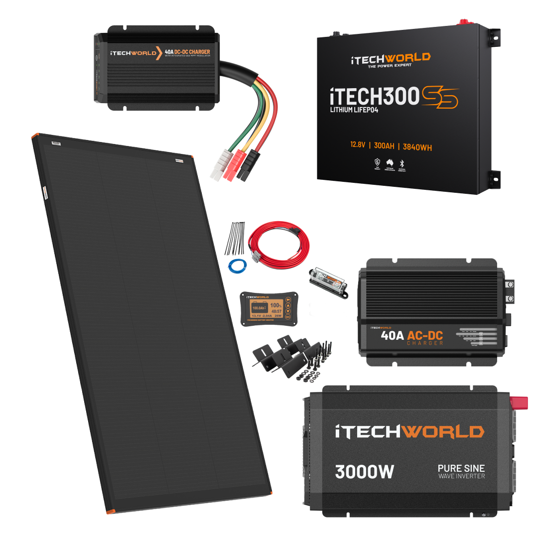 The iTechworld Ultimate 4WD Kit with iTECH200SS, including Super Slim Lithium Battery, inverter, chargers, cables, connectors, and mounting hardware, is displayed on a white background.