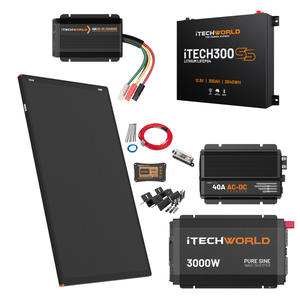 The iTechworld Ultimate 4WD Kit with iTECH200SS, including Super Slim Lithium Battery, inverter, chargers, cables, connectors, and mounting hardware, is displayed on a white background.