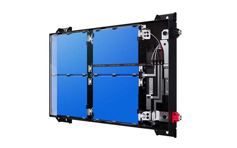 An angled view of a rectangular display panel with blue screen segments and visible wiring, powered by the iTechworld iTECH300US Ultra Slim Deep Cycle Lithium Battery with Bluetooth LiFePO4 300Ah.