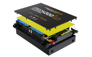 Exploded view of a black and yellow iTechworld iTECH300US Ultra Slim Deep Cycle Lithium Battery with Bluetooth LiFePO4 300Ah, showing internal components and separated top cover with specs: 12.8V, 3.84kWh.