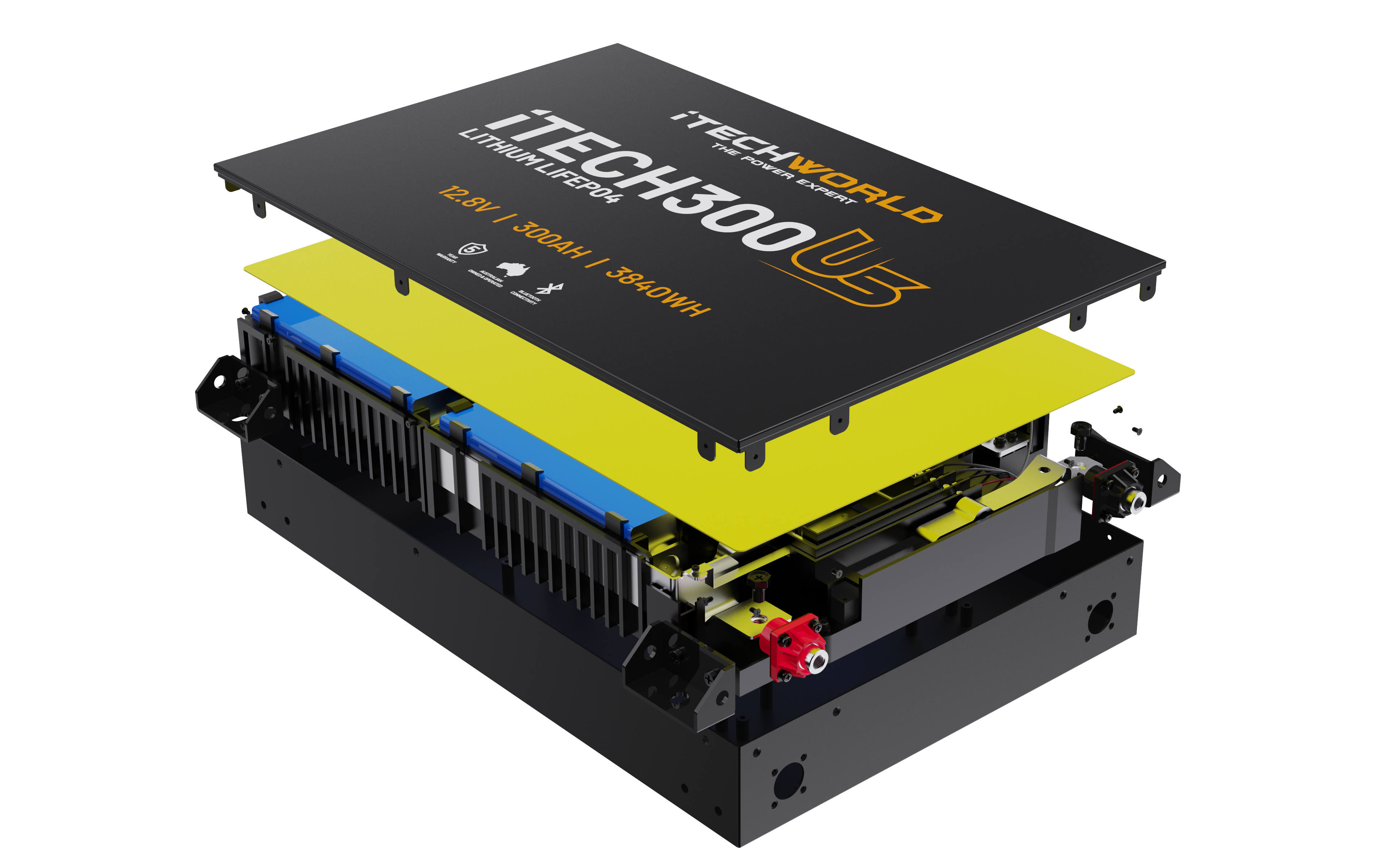 Exploded view of a black and yellow iTechworld iTECH300US Ultra Slim Deep Cycle Lithium Battery with Bluetooth LiFePO4 300Ah, showing internal components and separated top cover with specs: 12.8V, 3.84kWh.