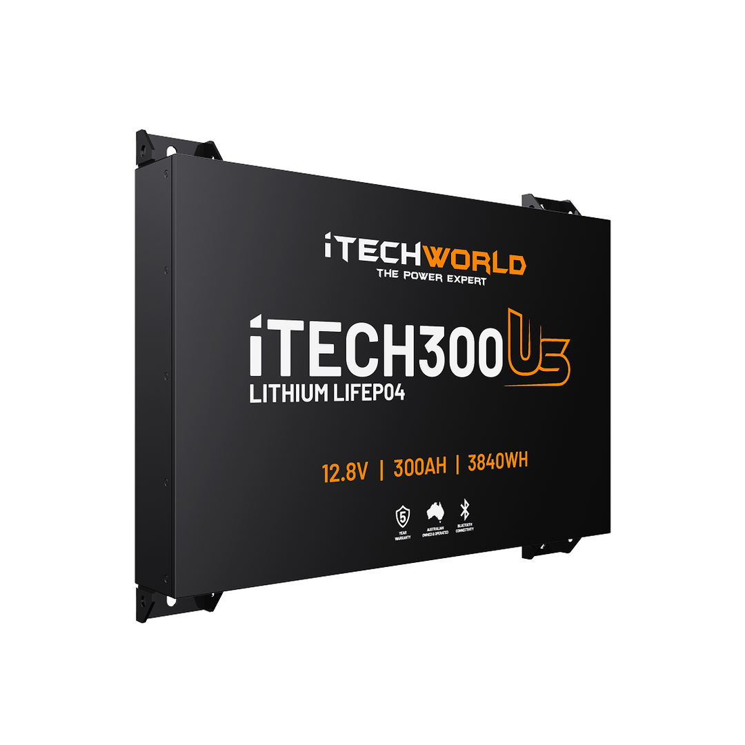 A black rectangular iTechworld iTECH300US Ultra Slim Deep Cycle Lithium Battery with Bluetooth, 12.8V 300Ah LiFePO4, 3840Wh, features mounting brackets and Bluetooth monitoring on the sides.