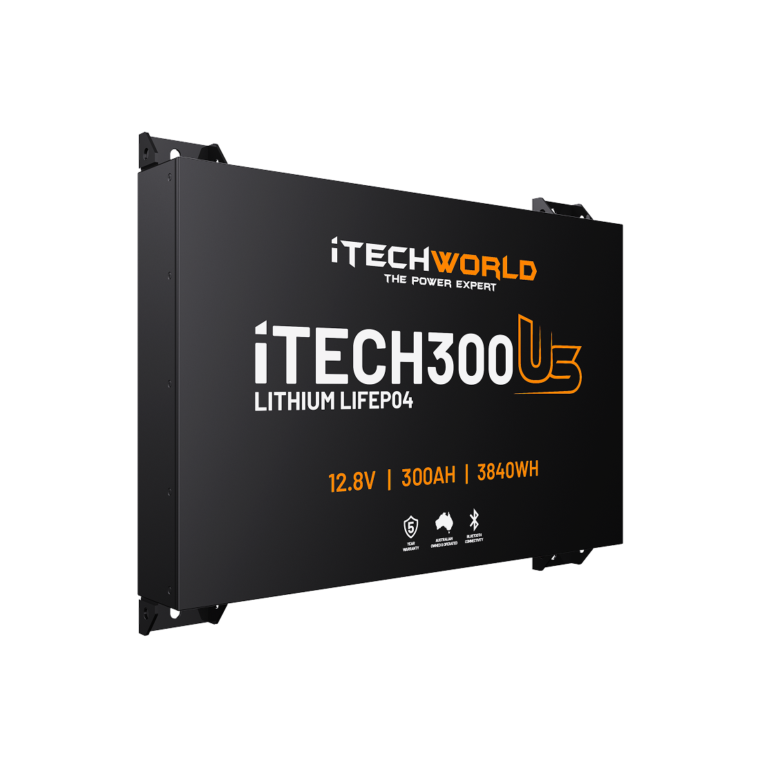 A black rectangular iTechworld iTECH300US Ultra Slim Deep Cycle Lithium Battery with Bluetooth, 12.8V 300Ah LiFePO4, 3840Wh, features mounting brackets and Bluetooth monitoring on the sides.