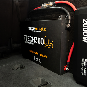 An iTechworld iTECH300US Ultra Slim Deep Cycle LiFePO4 12.8V 300Ah battery with Bluetooth is installed in a vehicle, featuring red and black cables (3840Wh). A 2000W Pure Sine Wave Inverter is partially visible nearby.
