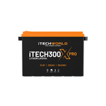 A black iTechworld iTECH300X PRO Deep Cycle Lithium Battery with Bluetooth, orange top, and LiFePO4 12.8V 300Ah 3840Wh specs is shown on a white background, designed for off-grid power.
