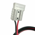 Close-up of an iTechworld MC4 to Anderson Adapter Cable (3m 50A 12AWG) featuring a silver Anderson power connector with black and red wires attached, clearly displaying positive and negative symbols—perfect for connecting solar panels or powering 12V camping gear.