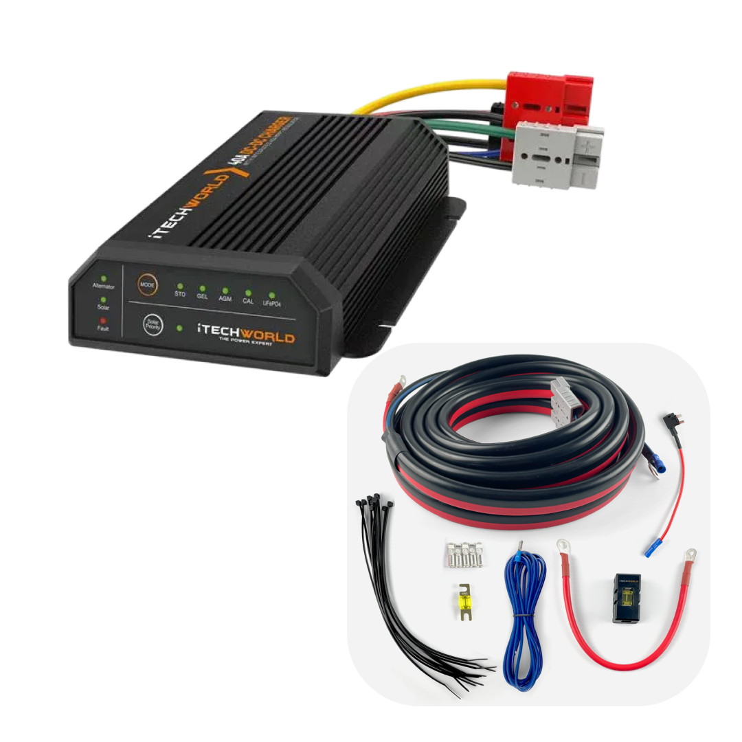 The iTechworld 40A DCDC + MPPT Battery Charger Bundle with Wiring Kit is shown, featuring indicator lights, labels, and colored wires—perfect for lithium battery charging or use as a 40A DCDC charger.