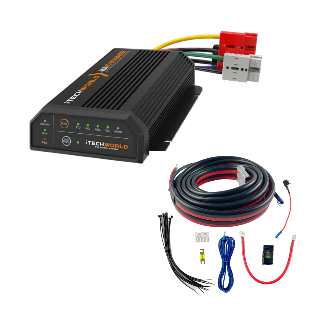 The iTechworld 40A DCDC + MPPT Battery Charger Bundle with Wiring Kit is shown, featuring indicator lights, labels, and colored wires—perfect for lithium battery charging or use as a 40A DCDC charger.