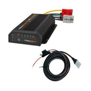 The iTechworld 40A DCDC + MPPT Battery Charger Bundle with Wiring Kit is shown, featuring indicator lights, labels, and colored wires—perfect for lithium battery charging or use as a 40A DCDC charger.