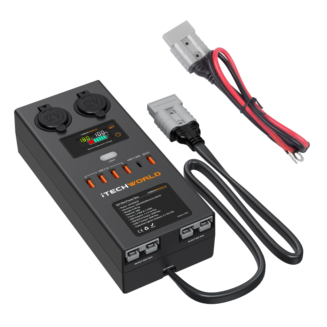 The iTechworld Mini Control Box 12V is a black portable camping power supply with multiple USB ports, two 12V sockets, an LCD for voltage/amperage, and wiring harness—making it ideal as a caravan power box.