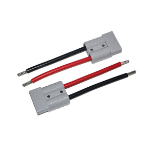 Two gray iTechworld Anderson connectors with exposed red and black wires (partially stripped) lie on a white background. Perfect for the Anderson to Solar Controller Install Kit 50A or pairing with an Anderson Solar Controller.