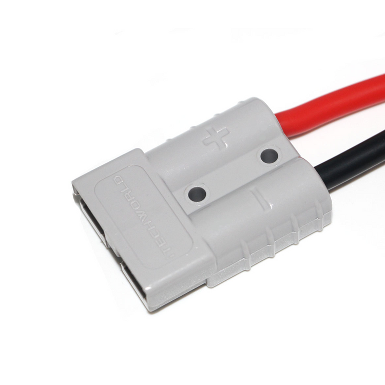 A close-up of the iTechworld Anderson to Solar Controller Install Kit 50A shows a gray connector with a + symbol, attached to red and black wires, set against a white background.