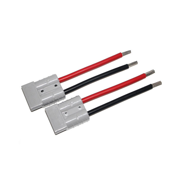 Two gray iTechworld Anderson connectors with attached red and black wires (exposed, braided ends) are shown side by side—ideal for any install kit or the Anderson to Solar Controller | Install Kit | 50A.