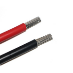 Close-up of two electrical wires, red and black, with exposed metal ends on a white background—ideal for the iTechworld Anderson to Solar Controller Install Kit 50A, enabling secure and efficient power connections.