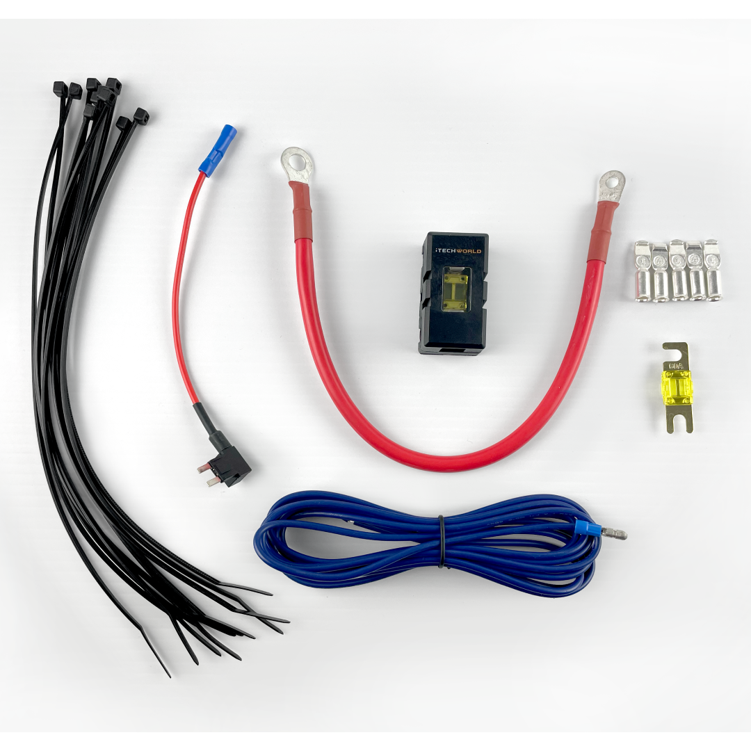 The iTechworld Plug and Play 40A DCDC Wiring Kit includes a 6AWG cable, zip ties, fuse holder with fuse, red power cable, ground wire, blue remote wire, and ring terminals. All components are displayed on a white background. Perfect for DCDC40 setups.