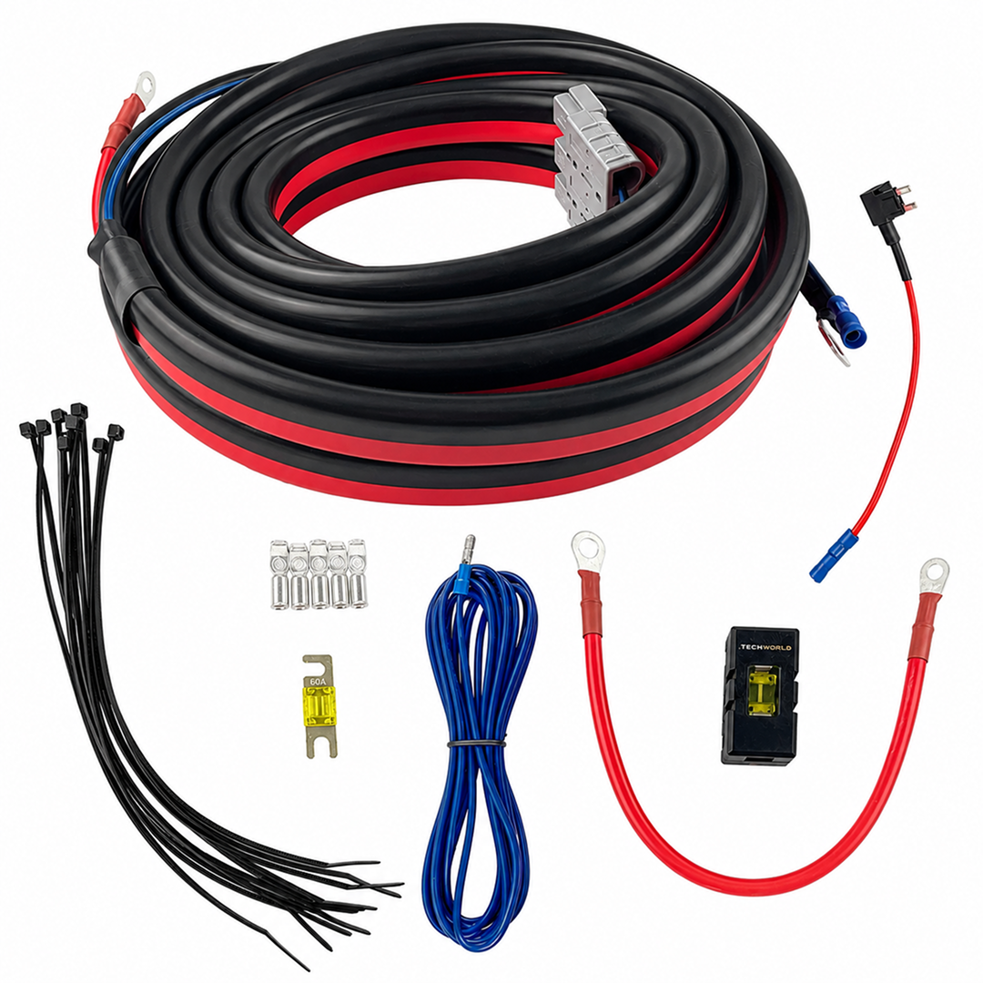 The iTechworld Plug and Play | 40A DCDC | Wiring Kit for dual batteries includes coiled red/black 6AWG power cable, blue remote wire, fuse holder with fuse, ring and spade connectors, black zip ties, and a short red ground cable.