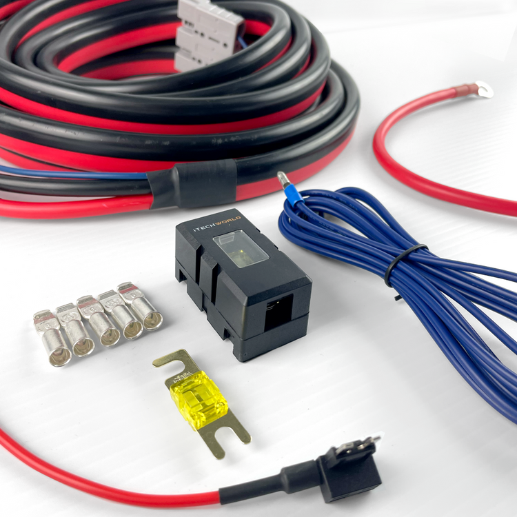 The iTechworld Plug and Play 40A DCDC Wiring Kit features 6AWG red, black, and blue cables, metal connectors, a yellow fuse with holder, and a black relay—ideal for dual battery systems.
