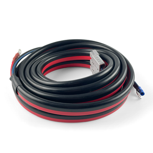 The iTechworld Plug and Play 40A DCDC Wiring Kit shows a coiled black and red 6AWG cable with metal connectors and a gray plastic plug, ideal for dual battery systems—perfect for easy installation.
