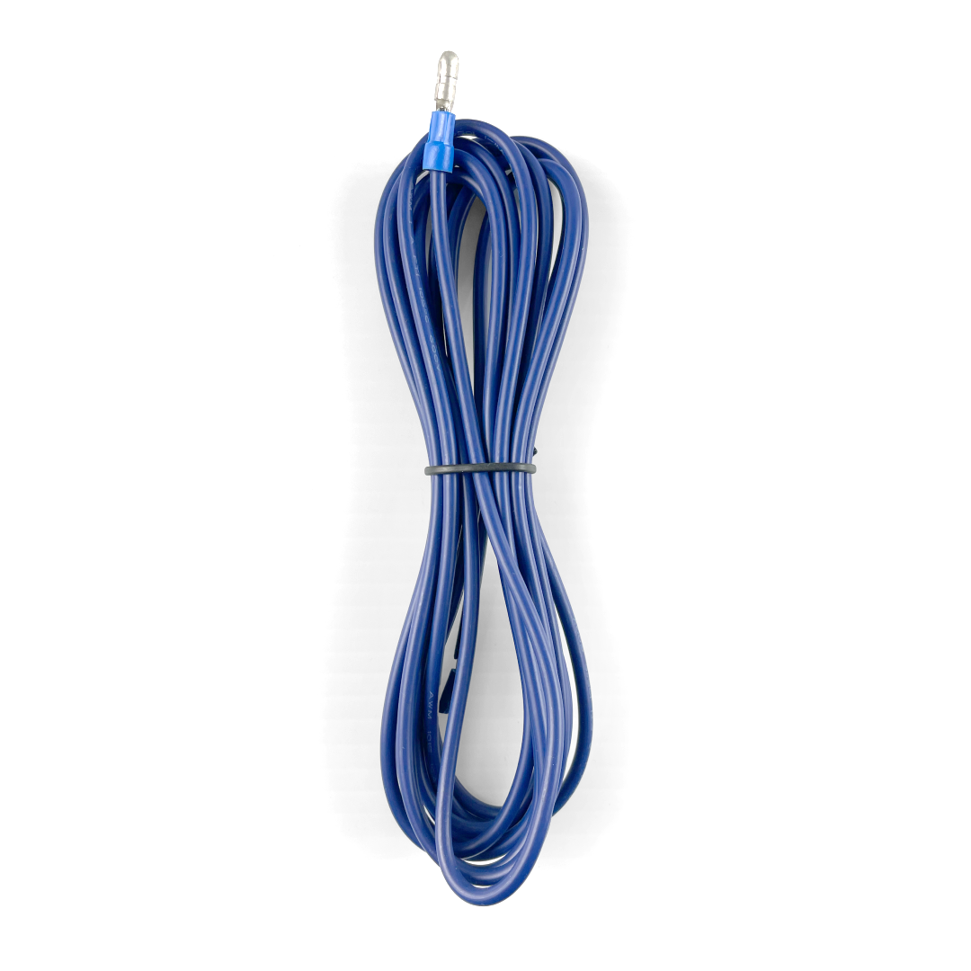 A coiled blue 6AWG audio cable with a silver 3.5mm jack, secured by a black twist tie on a white background. Ideal for the iTechworld Plug and Play | 40A DCDC | Wiring Kit—perfect for durable wiring in advanced setups.