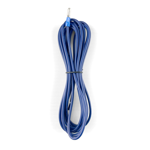 A coiled blue 6AWG audio cable with a silver 3.5mm jack, secured by a black twist tie on a white background. Ideal for the iTechworld Plug and Play | 40A DCDC | Wiring Kit—perfect for durable wiring in advanced setups.