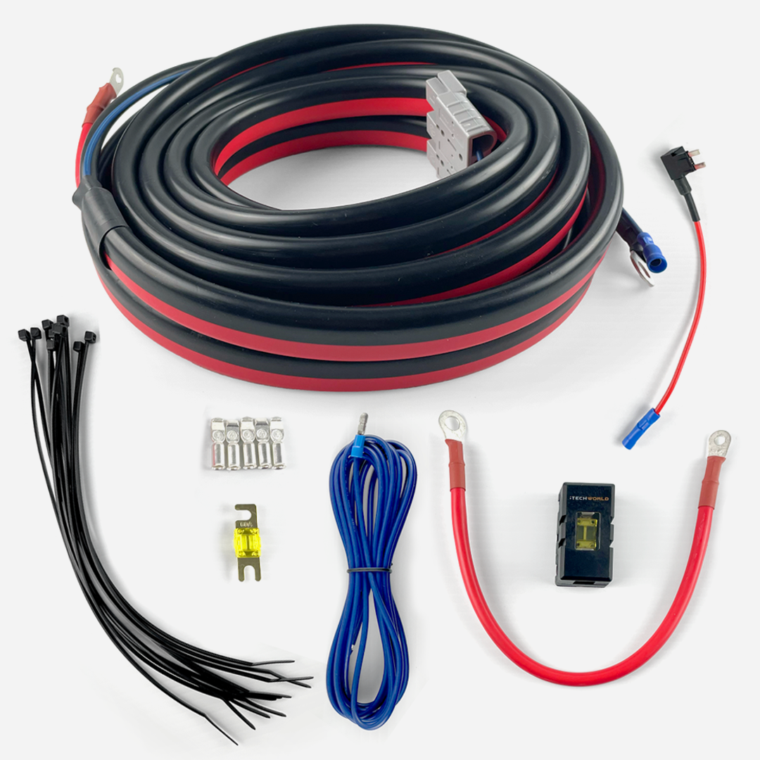 The iTechworld Plug and Play | 40A DCDC | Wiring Kit for dual batteries includes coiled red/black 6AWG power cable, blue remote wire, fuse holder with fuse, ring and spade connectors, black zip ties, and a short red ground cable.