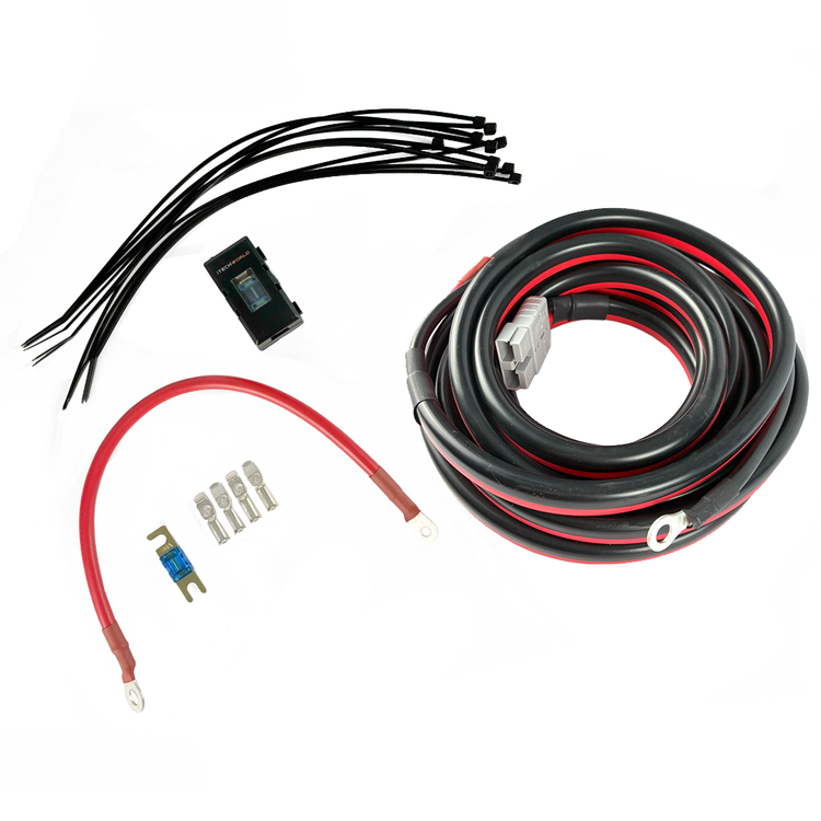 The iTechworld ANDERSON TO EYELETS WIRING KIT 6M 50A includes cables, zip ties, fuse, connectors, and a fuse holder—perfect for 12–48V setups and Anderson to Eyelets installations.