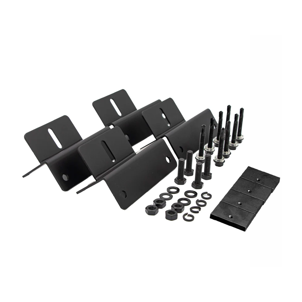 Four iTechworld black metal solar panel mounting brackets, eight bolts with washers and nuts, and four black pads are neatly displayed. Perfect as a free gift or BOGO Bundle add-on, exclusively from iTechworld.