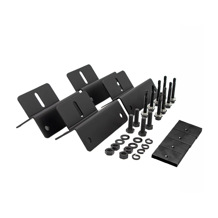 Four iTechworld black metal solar panel mounting brackets, eight bolts with washers and nuts, and four black pads are neatly displayed. Perfect as a free gift or BOGO Bundle add-on, exclusively from iTechworld.
