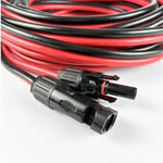 Close-up of the iTechworld MC4 to Anderson Adapter Cable, a 7m 50A 8AWG black and red solar extension lead with MC4 connectors, neatly coiled on a white background—ideal for caravan and solar panel connections.