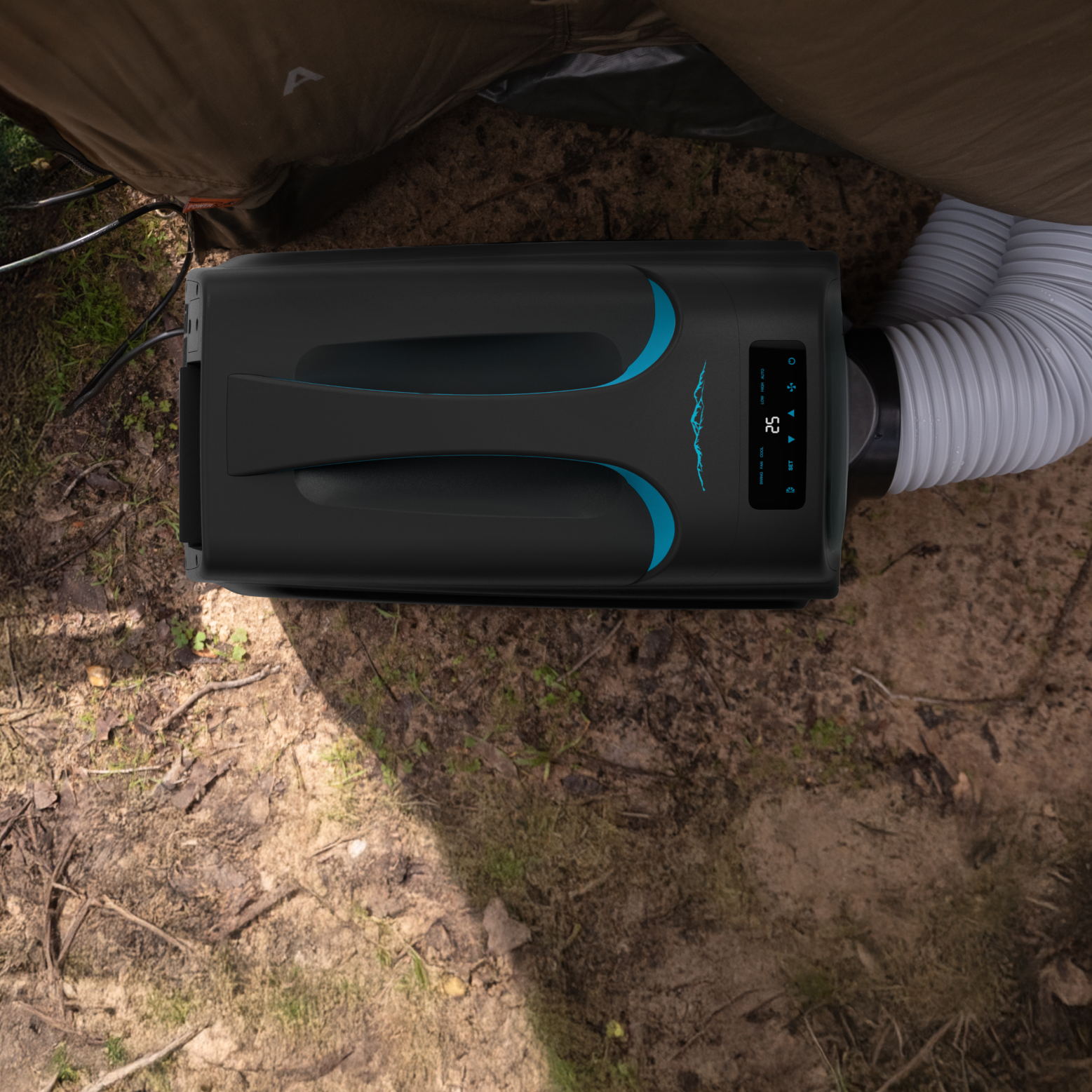 The iTechworld iFROST Portable Air Conditioner (1000W/3412BTU) sits beside a camper outdoors with its flexible exhaust hose and digital controls—ideal for cool comfort wherever you set up camp.
