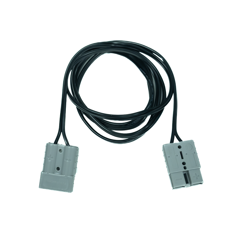 The iTechworld Anderson to Anderson Cable (2m, 50A) features a coiled black design with gray plastic connectors marked for polarity—ideal as a high-current extension lead for 50A accessories.