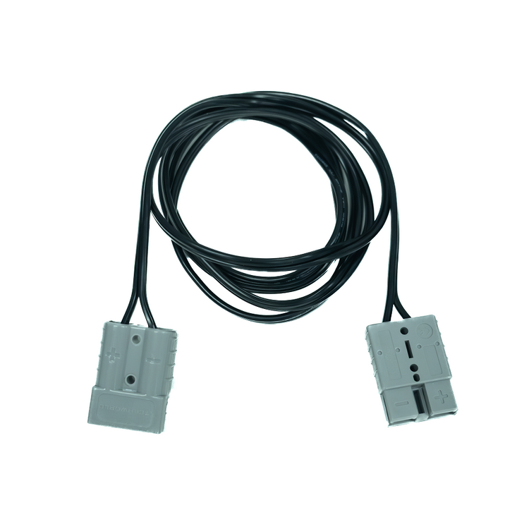 The iTechworld Anderson to Anderson Cable (2m, 50A) features a coiled black design with gray plastic connectors marked for polarity—ideal as a high-current extension lead for 50A accessories.