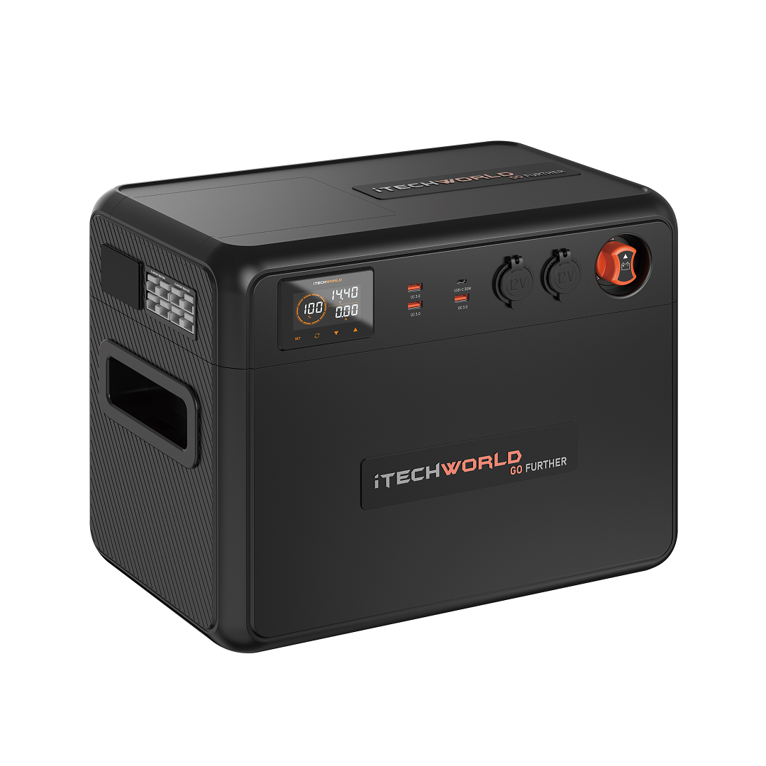 A black iTechworld GoFurther Premium Battery Box with iTECHBM500 and Shunt features a digital display, control buttons, two circular outlets, a large orange power dial on the front panel, and displays the Go Further slogan and brand logo on the side.