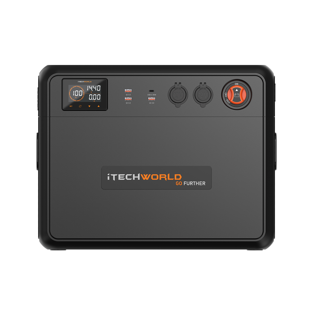 The GoFurther Premium Battery Box by iTechworld features the iTECHBM500 and shunt, digital display, multiple ports, orange power button, and Go Further slogan—making it an ideal 12V battery solution for your adventures.