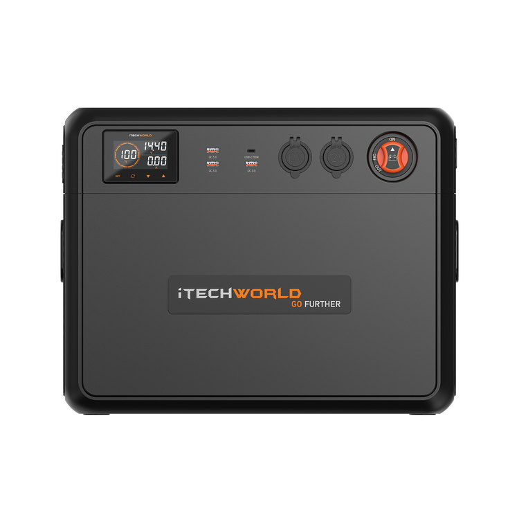 The GoFurther Premium Battery Box by iTechworld features the iTECHBM500 and shunt, digital display, multiple ports, orange power button, and Go Further slogan—making it an ideal 12V battery solution for your adventures.