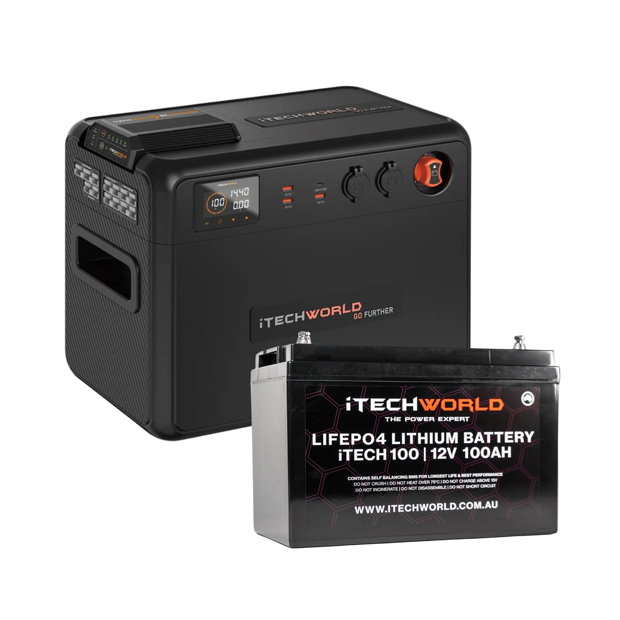 A black iTechworld portable power station with display and dials sits beside the iTechworld Premium Dual Battery System—100Ah Lithium LiFePO4 with 25A DCDC Charger. Both branded products are ideal for a dual battery setup.