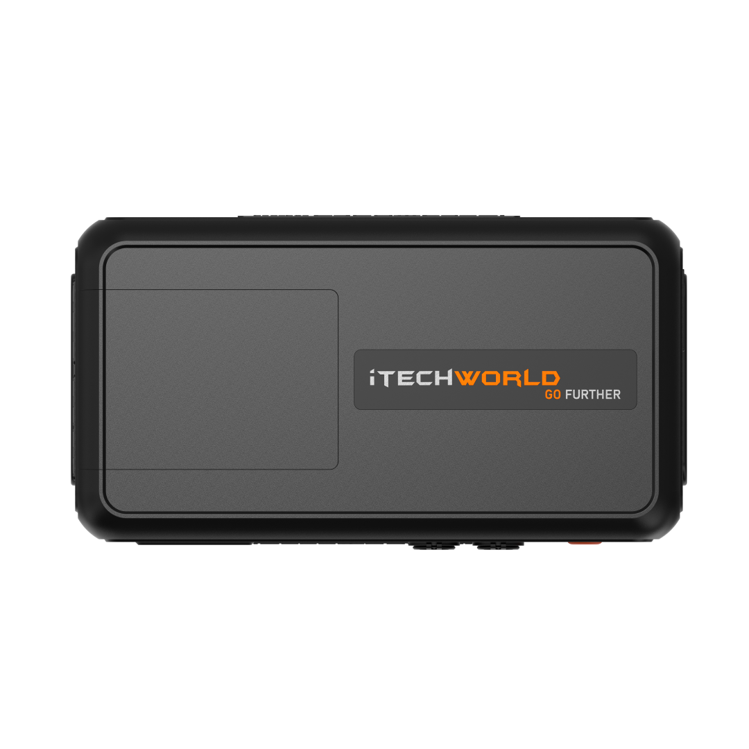 The iTechworld GoFurther Premium Battery Box with iTECHBM500 and Shunt is a sleek, black rectangular 12V device featuring a gray front panel with the GO FURTHER logo in white and orange, designed for portable, modern power solutions.