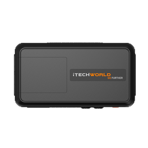 The iTechworld GoFurther Premium Battery Box with iTECHBM500 and Shunt is a sleek, black rectangular 12V device featuring a gray front panel with the GO FURTHER logo in white and orange, designed for portable, modern power solutions.