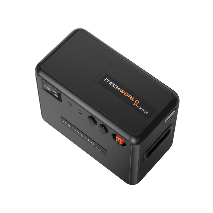 The GoFurther Premium Battery Box with iTECHBM500 and Shunt by iTechworld is a black, rectangular portable power station with an LCD display, multiple ports, handle, and orange-and-white branding—ideal for on-the-go or 12V battery power.
