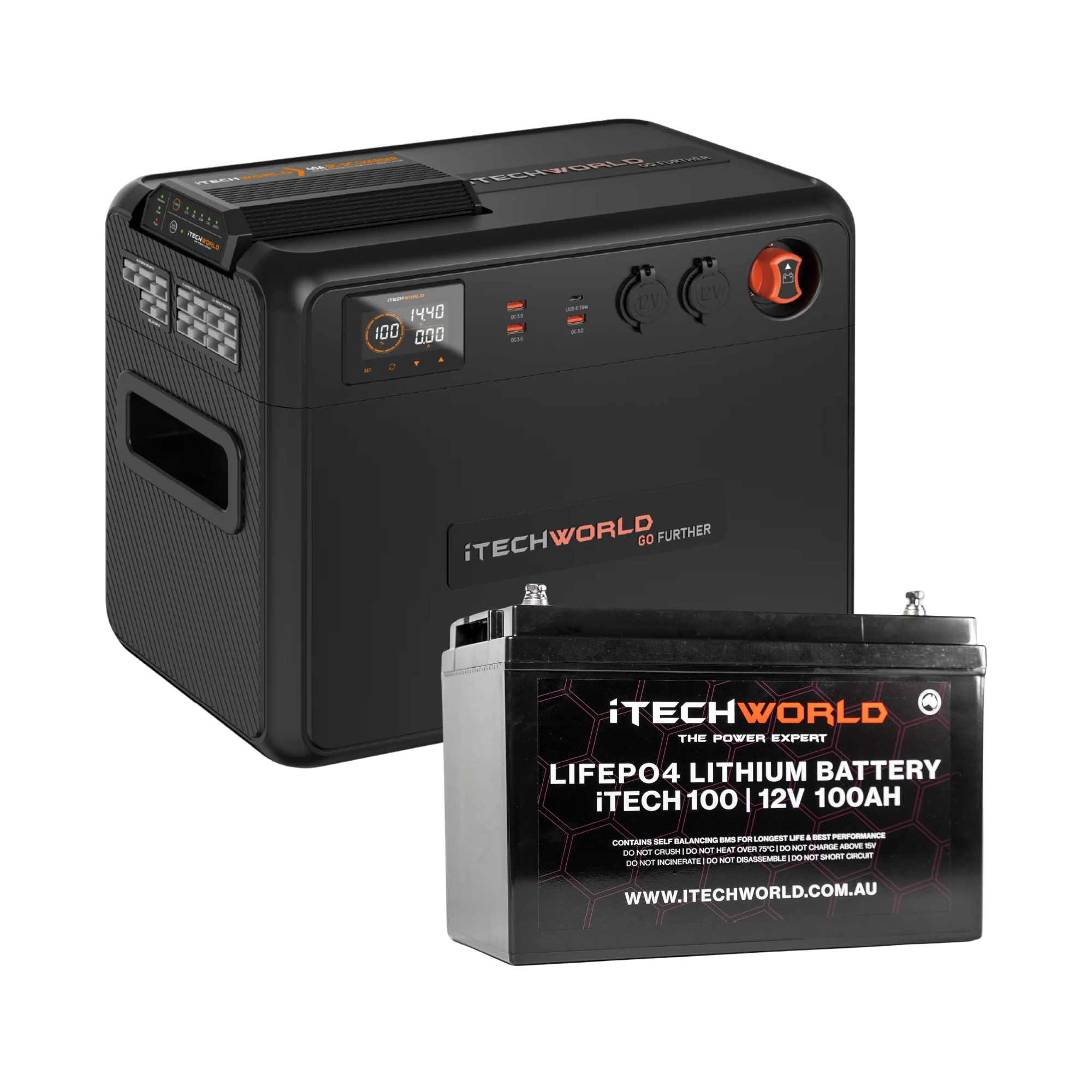 A black iTechworld Premium GoFurther Dual Battery System 100Ah LiFePO4 with 40A DCDC Charger is displayed next to another black iTechworld unit, both showing branding and product details on their front panels.