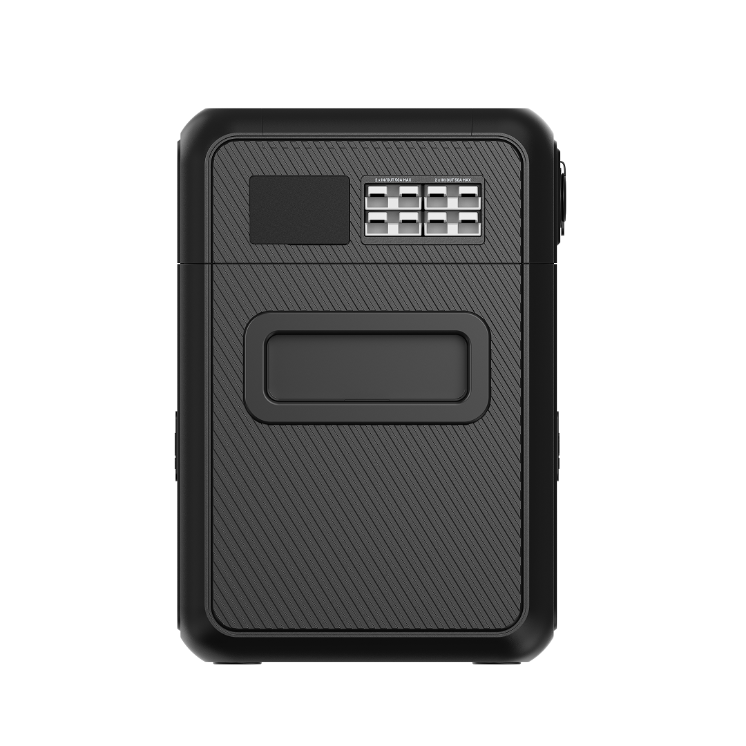 The iTechworld GoFurther Premium Battery Box with iTECHBM500 and Shunt features a black, textured design, rectangular screen, silver buttons, and large central area—perfect as a portable power system, shown front-facing against a white background.