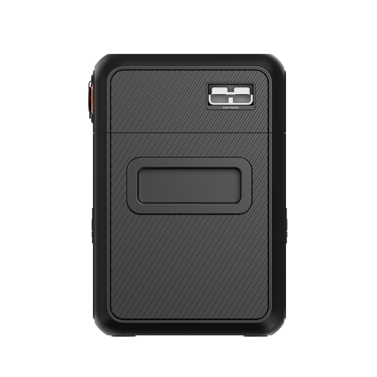 The iTechworld GoFurther Premium Battery Box with iTECHBM500 and Shunt is a black, rectangular portable power system featuring a textured surface, display screen, and central handle—perfect for your 12V battery needs.