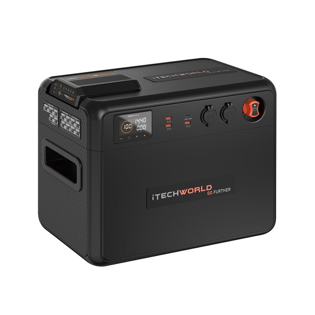 The iTechworld GoFurther Premium Battery Box features a digital display, battery monitor (iTECHBM500 with Shunt), multiple ports, side handles, control buttons and dials, and the iTechworld logo—an ideal black off-grid power solution with iTECHDCDC25.