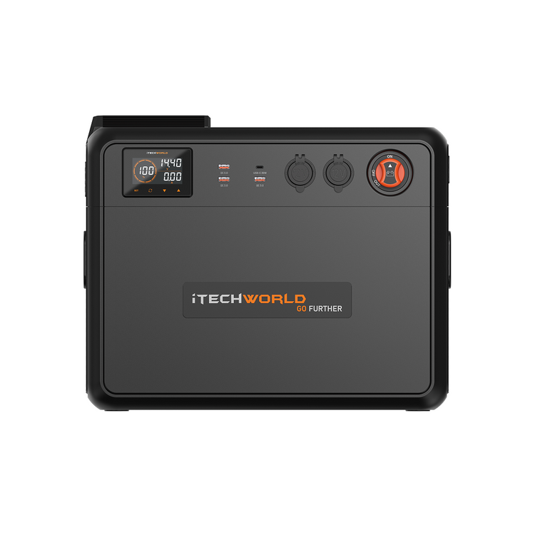 The GoFurther Premium Battery Box by iTechworld features a digital display, battery monitor, multiple ports and sockets—ideal for off-grid power; GO FURTHER and the brand name are displayed on the front.