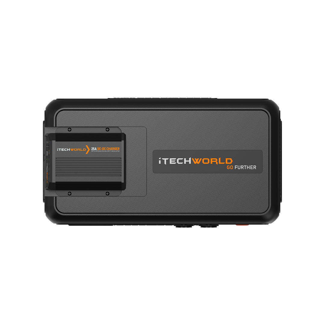 The GoFurther Premium Battery Box by iTechworld, featuring the iTECHDCDC25 charger and iTECHBM500 with shunt, offers a compact black off-grid power solution—ideal for portable energy needs.