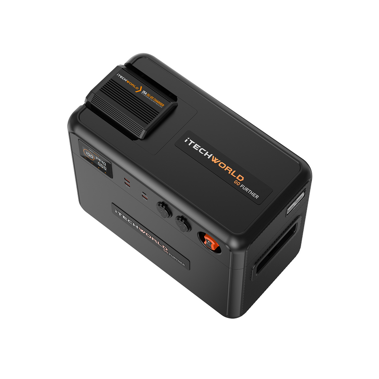 The iTechworld GoFurther Premium Battery Box with iTECHDCDC25 and iTECHBM500 (with Shunt) features multiple ports, a carry handle, and a battery monitor—perfect for off-grid power needs. Displayed on a white background with black and orange design accents.