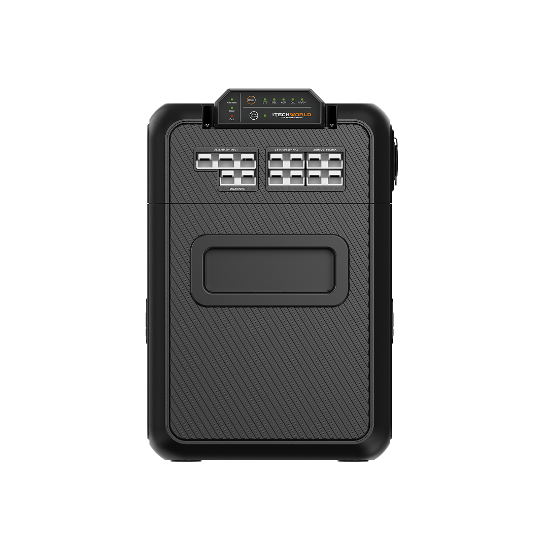 The iTechworld GoFurther Premium Battery Box, featuring the iTECHDCDC25 and iTECHBM500 with shunt, includes a digital lock keypad and top-panel battery monitor display, shown isolated on a white background.